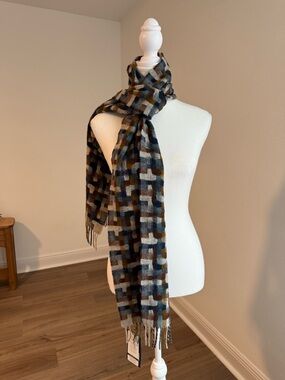 Moon Pure Merino Wool Plaid Fringe Scarf in Navy, Brown, Gray Multi Colored